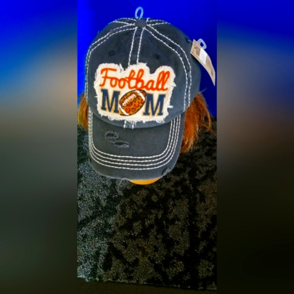 Distressed 'Football Mom' Baseball Cap - Navy with Orange & White Patch - Picture 1 of 3